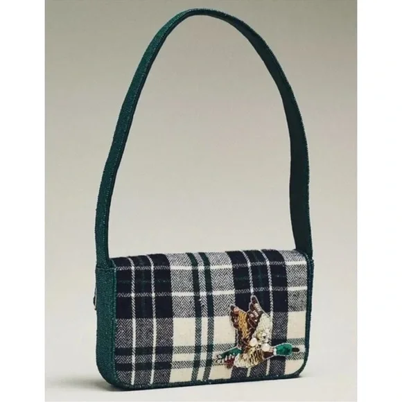 Anthropologie The Fiona Beaded Shoulder Bag Animal Edition Duck Plaid Green - Picture 4 of 13